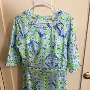 Gretchen Scott Blue Green Printed Shift Dress Cutout Neck Size Medium